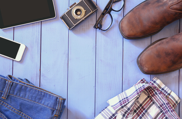 top view image of hipster accessories and clothes - 写真・画像