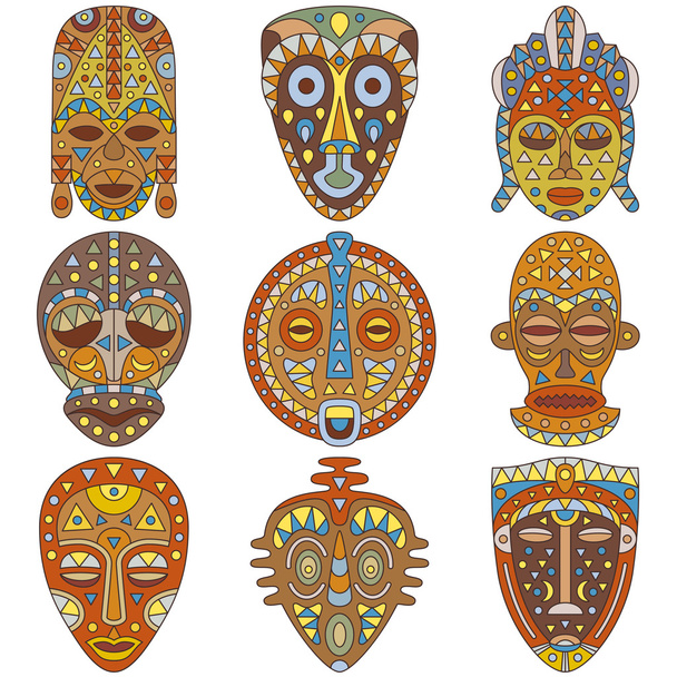 Σύνολο εικονιδίων. Διαφορετικές εθνοτικές μάσκες. Vector εικονογράφηση - Διάνυσμα, εικόνα