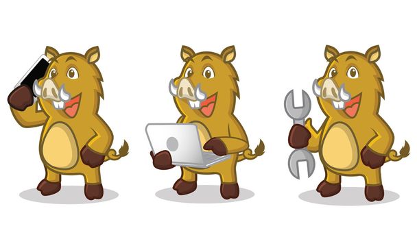 Light Brown Wild Pig Mascot with laptop - Vektor, kép