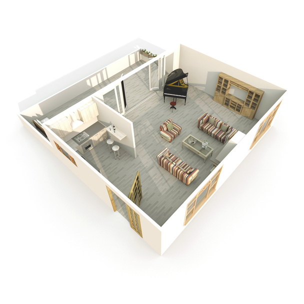 απόδοσης 3D εσωτερικό διαμέρισμα άστεγο σαλόνι και κουζίνα - Φωτογραφία, εικόνα