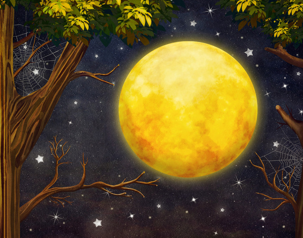 Illustration von Bäumen und Vollmond mit Sternen am Nachthimmel  - Foto, Bild