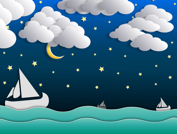 Нічний фон, місяць, хмари та зірки на темно-синьому небі на океані
 - Вектор, зображення