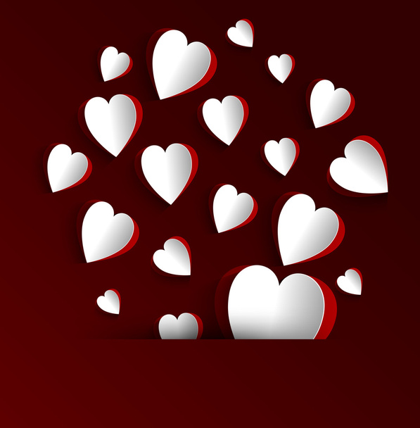 Paper hearts on dark red background - Vector, Image
