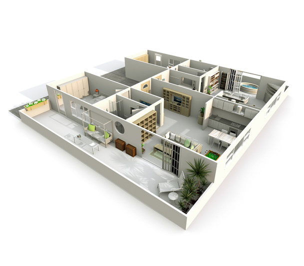 3d interior rendering of oblique pespective view of furnished aparment with terrace - Photo, Image