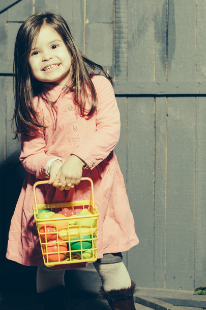 Girl with plastic food in basket - 写真・画像