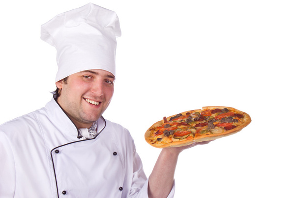 Male chef holding a pizza box open - Foto, imagen