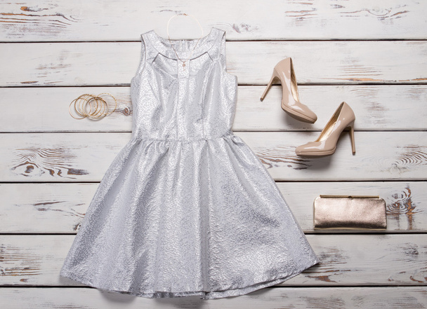 Zilveren jurk met beige schoenen - Foto, afbeelding