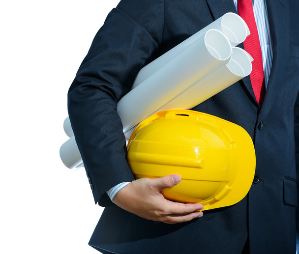 işçi güvenliği ile inşaat mühendisi sarı kask pl - Fotoğraf, Görsel