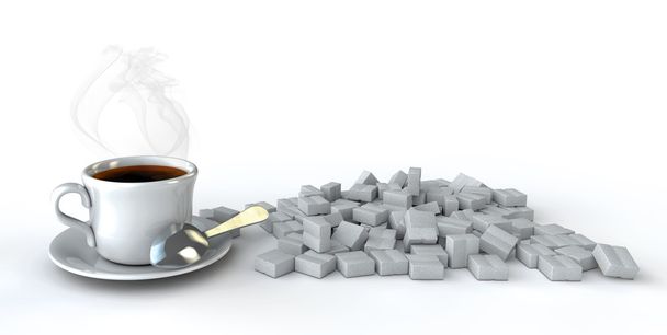 3D kávé kap az asztalon a cukor, a wihte háttér - Fotó, kép