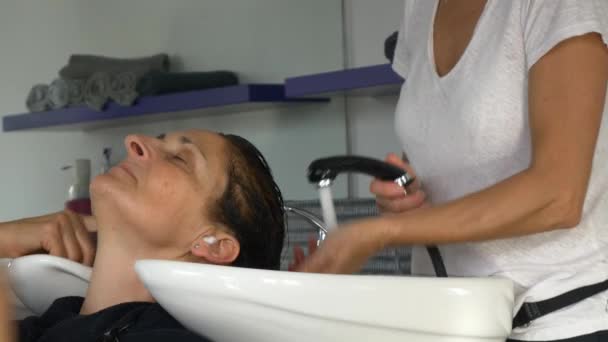 Stylist hairdresser washing hair in basin - Footage, Video
