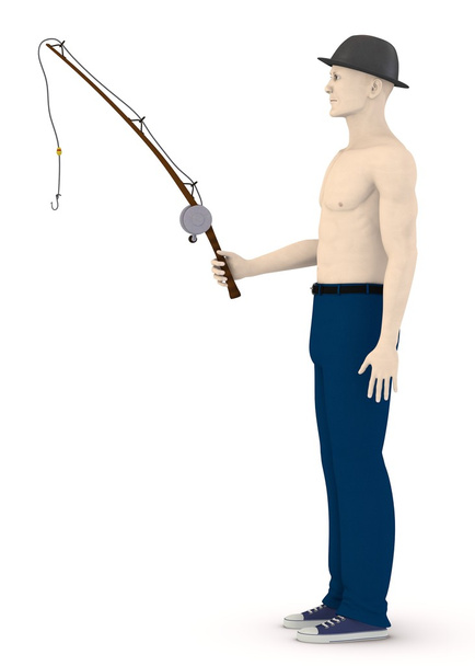 3d render of artificial character with fishing rod - Fotografie, Obrázek