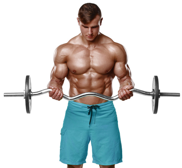 Muscular man working out doing exercises with barbell at biceps, strong male naked torso abs, isolated over white background - Photo, Image