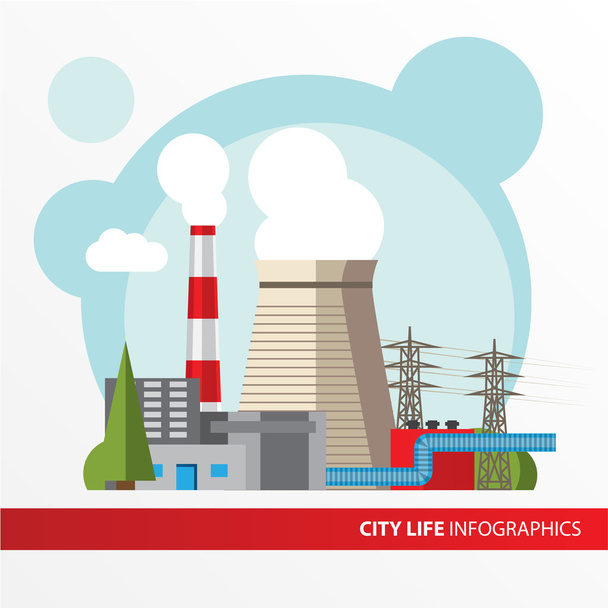 Illustrazione di centrale termoelettrica in uno stile piano. Insieme di infographics della città. Tutti i tipi di centrali elettriche.  - Vettoriali, immagini