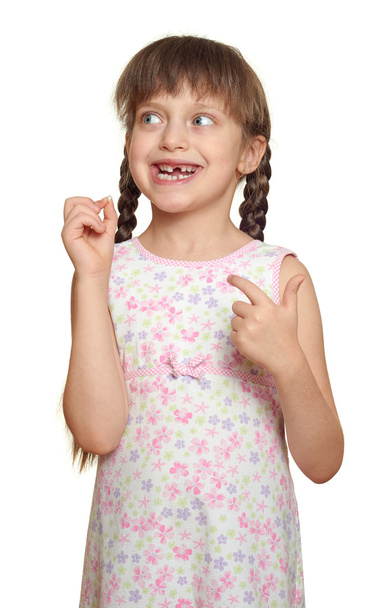 lost tooth girl child portrait having fun, studio shoot isolated on white background  - Foto, Imagen