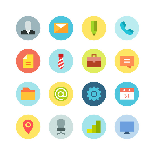 Flat business icon set on the colored background - Vector, imagen