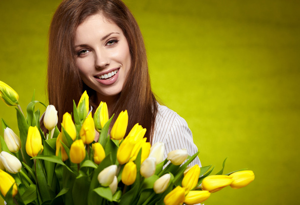 Woman with colorful tulip bouquet - Zdjęcie, obraz