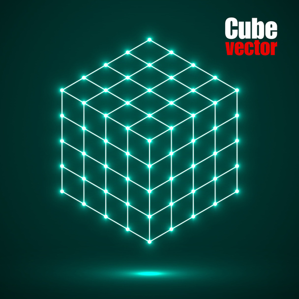 Cube of lines and dots, molecular lattice, geometric shape, network connection, vector illustration - Vektor, obrázek