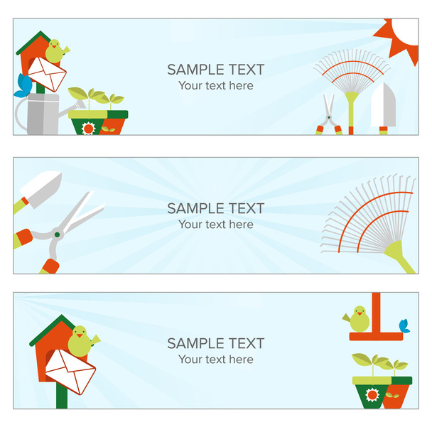 Gardening and cultivating web banner with plants, bird, scissors, butterfly and rake - Vector, Image