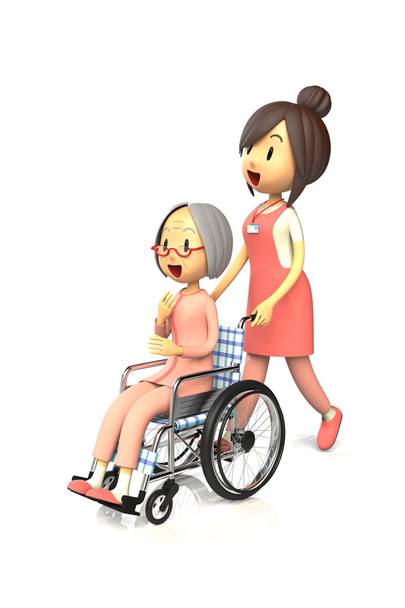 Mulher idosa recebe empurrando a cadeira de rodas para cuidador
 - Foto, Imagem