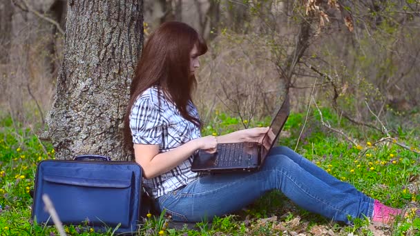 Dziewczyna, wpisując na klawiaturze siedząc przy laptopie - Materiał filmowy, wideo