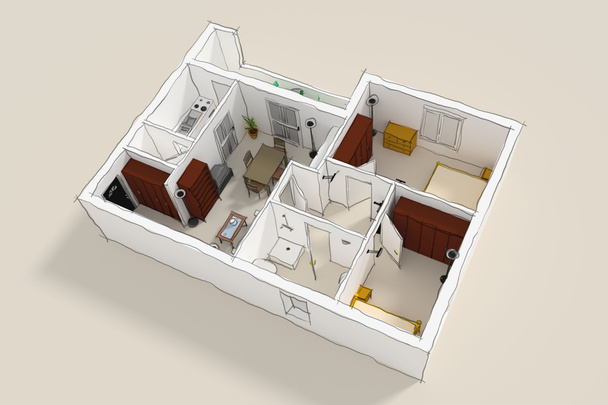 3D interior boceto a mano alzada representación de apartamento sin techo
 - Foto, Imagen