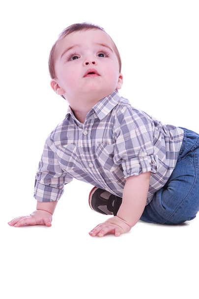 Portrait of small boy in blue trousers - Zdjęcie, obraz