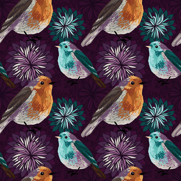 birds and flowers pattern - Vector, imagen