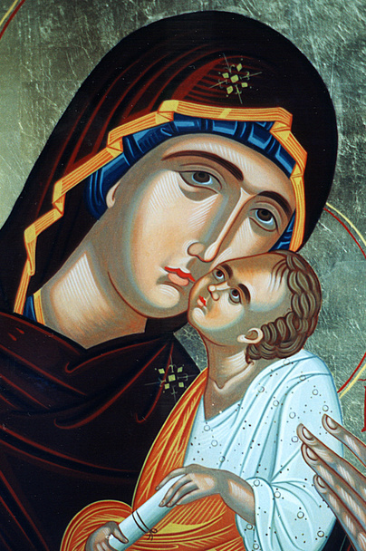 Православная икона Божией Матери, Марии и ребенка (Иисуса Христа), написанная на деревянной доске
.  - Фото, изображение