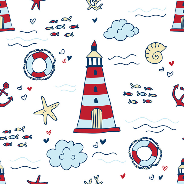 nautical pattern with lighthouses - Vector, afbeelding