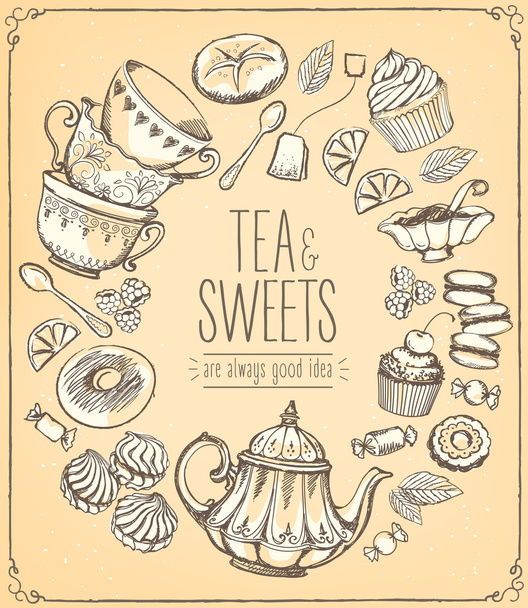 Tea ceremony vector llustration. Tea time. Tea and set of sweets - Wektor, obraz