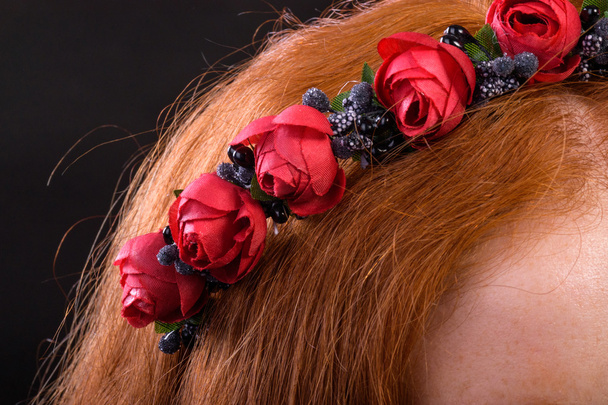 Portrait of elegant redhead girl in a wreath. Wreath red hair. - Fotografie, Obrázek