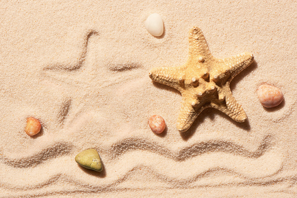 Starfish, mark of wave and sea stones on sand - Zdjęcie, obraz