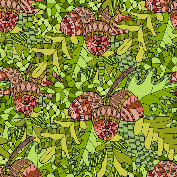 Bezešvé vzor s dubovými svačina, listy a žaludy v doodle st - Vektor, obrázek
