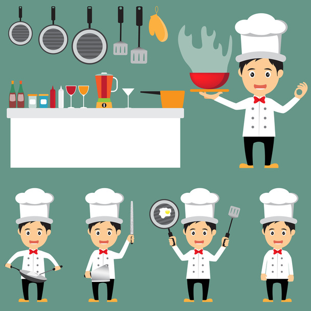 funny of cartoon chef character with kitchenware icons, vector i - Vector, Image