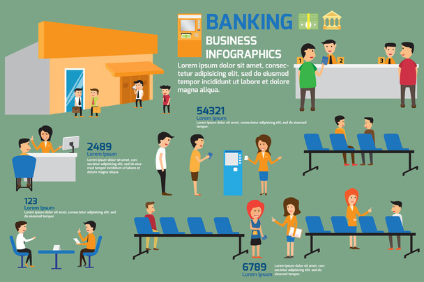 Banking infographics elements. Customers and staff people in ban - Wektor, obraz
