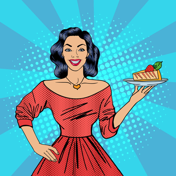 Meisje houdt een taart. Huisvrouw met Cheesecake. Pop art. Gelukkige vrouw. Vector illustratie - Vector, afbeelding