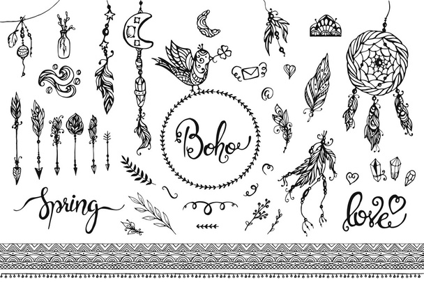 Set of Boho Style Frames and hand drawn elements - Vector, Image