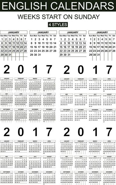 Calendário Inglês de 2017. Quatro estilos
 - Vetor, Imagem