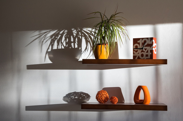 Still life with shelves, decorations and their shadows - Zdjęcie, obraz