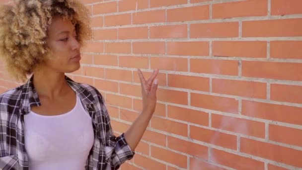 kobieta spaceru wzdłuż ściany z cegieł - Materiał filmowy, wideo