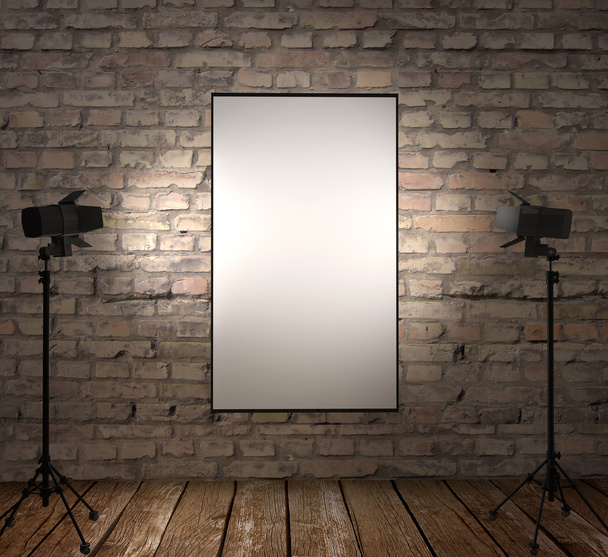 3d renderização, cartaz quadro em branco no quarto com lâmpadas
 - Foto, Imagem