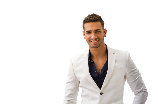 Young man in blue shirt and white jacket isolated - Foto, Imagen