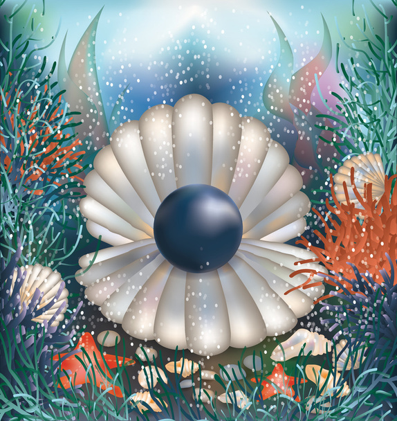 Underwater background with black pearl, vector - Вектор,изображение