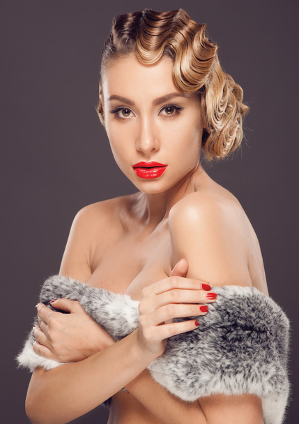 retro style woman with fur - Photo, image