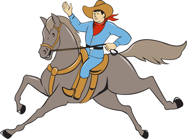 Cowboy montar a caballo ondeando dibujos animados
 - Vector, Imagen