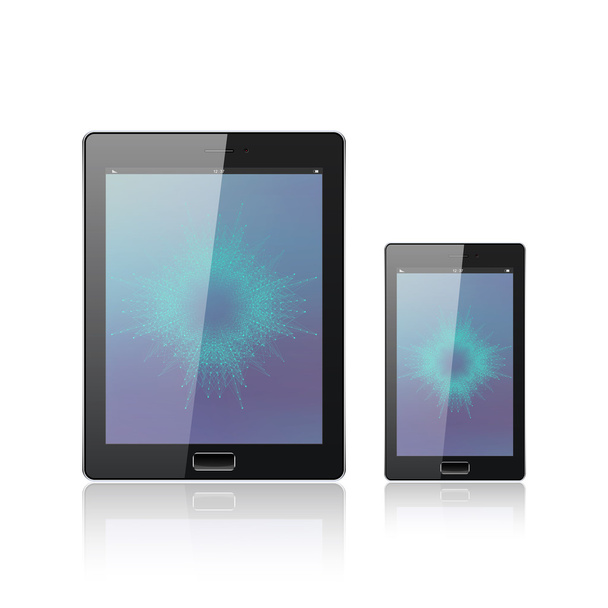 Tablet PC digital moderno con smartphone móvil aislado en blanco. Interfaz de aplicación móvil. Antecedentes moleculares y de comunicación. Ilustración vectorial
 - Vector, Imagen