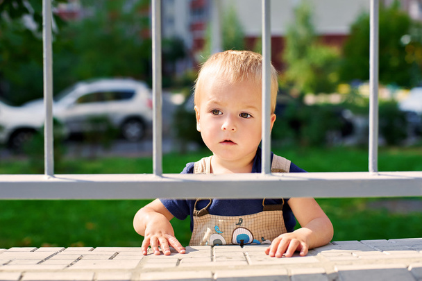Little boy stands behind the fence and looks into the distance - Photo, Image