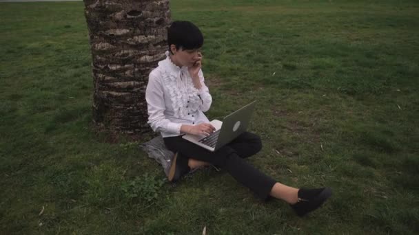 Nainen istuu puun alla puistossa ja työskentelee
 - Materiaali, video