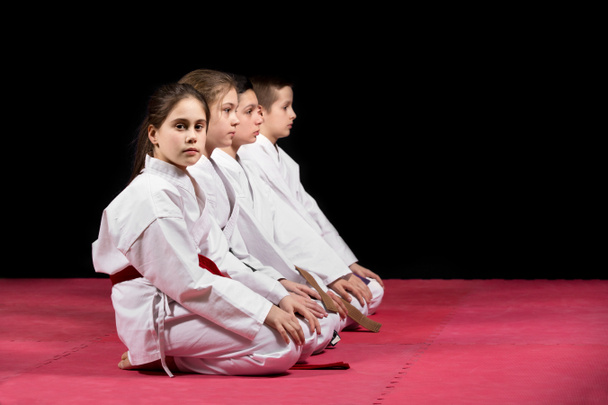 Enfants en kimono assis sur tatami lors d'un séminaire d'arts martiaux. Concentration sélective
 - Photo, image