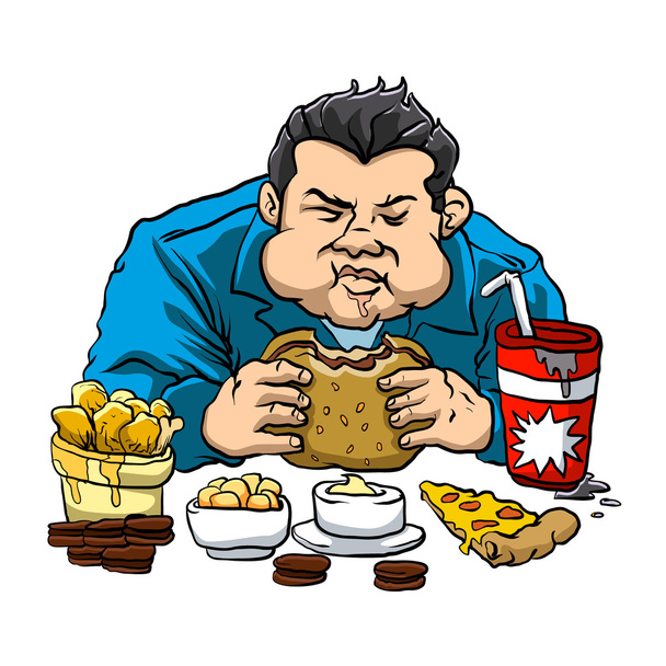 ein dicker Mann mit dem Fast Food.  - Vektor, Bild